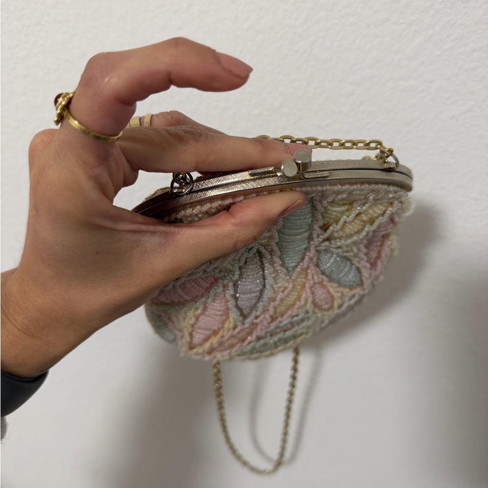 Pastel Leaf Pattern Beaded Clutch - image 5